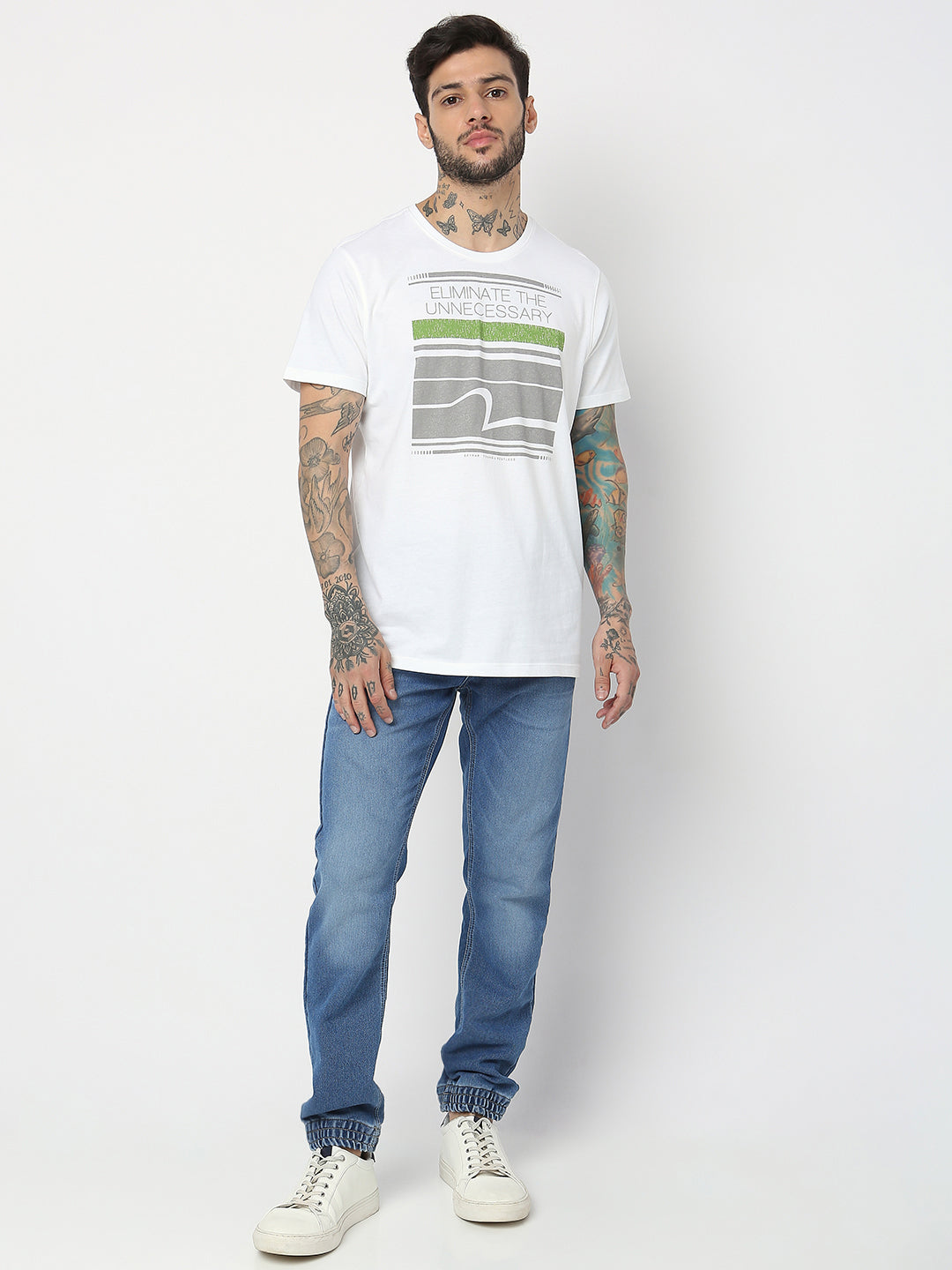 Spykar Men White Cotton Slim Fit Round Neck Printed T-Shirt