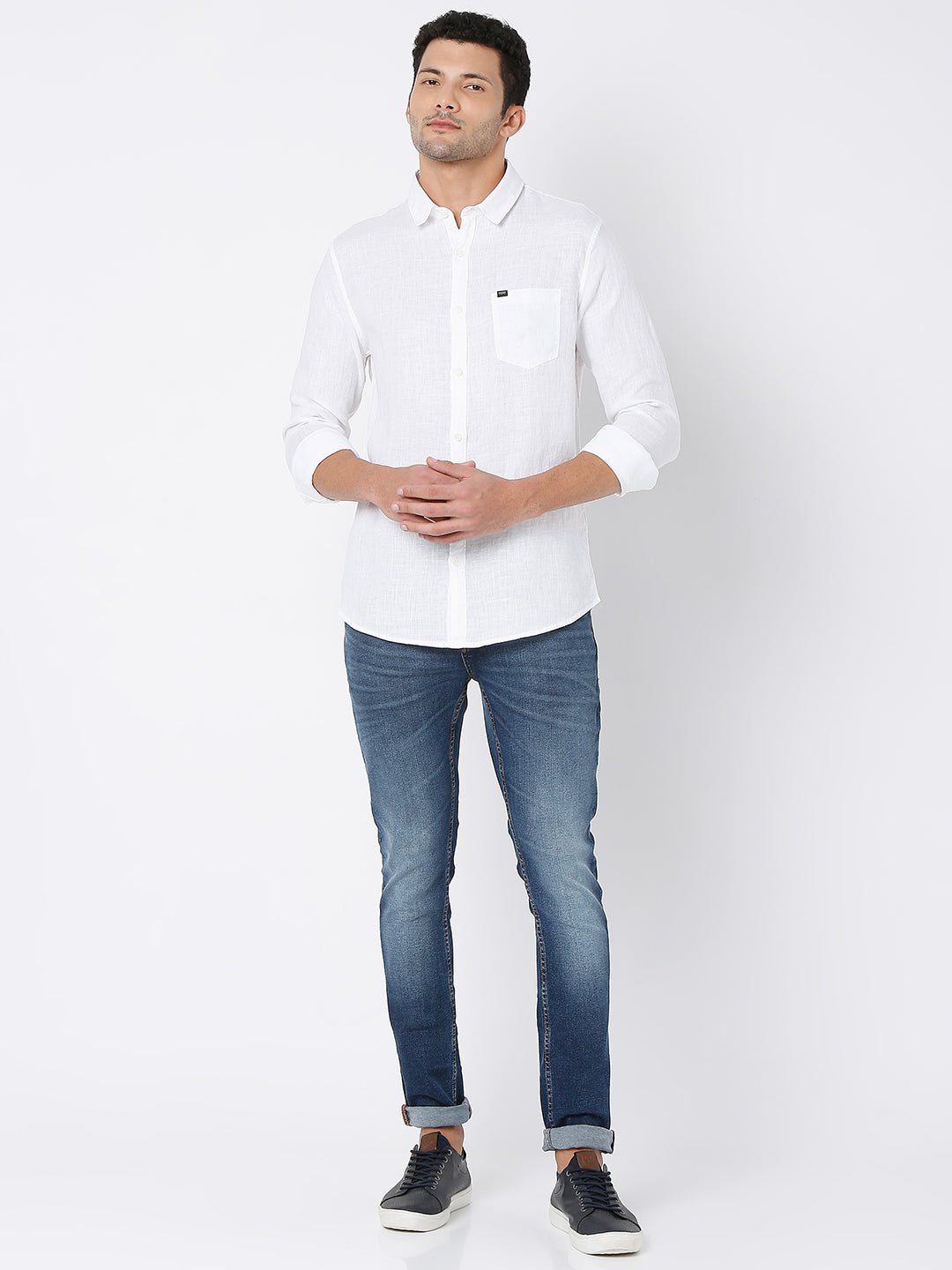 Spykar White Cotton Full Sleeve Plain Shirt For Men