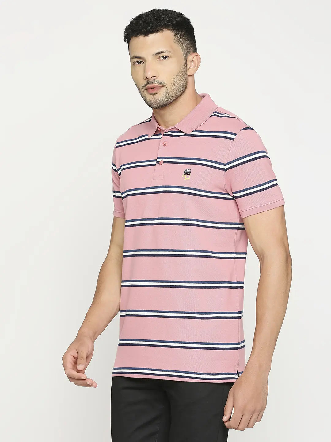 Spykar Men Pink Blended Regular Fit Striped Polo Tshirt