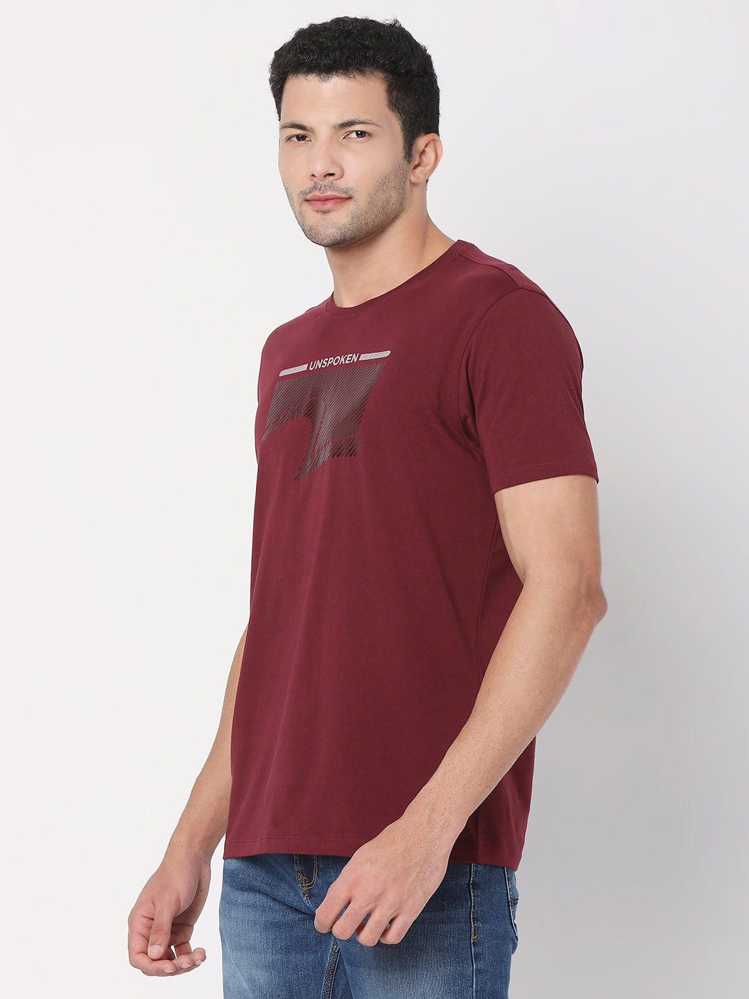 Spykar Wine Cotton Half Sleeve Printed Casual T-Shirt For Men