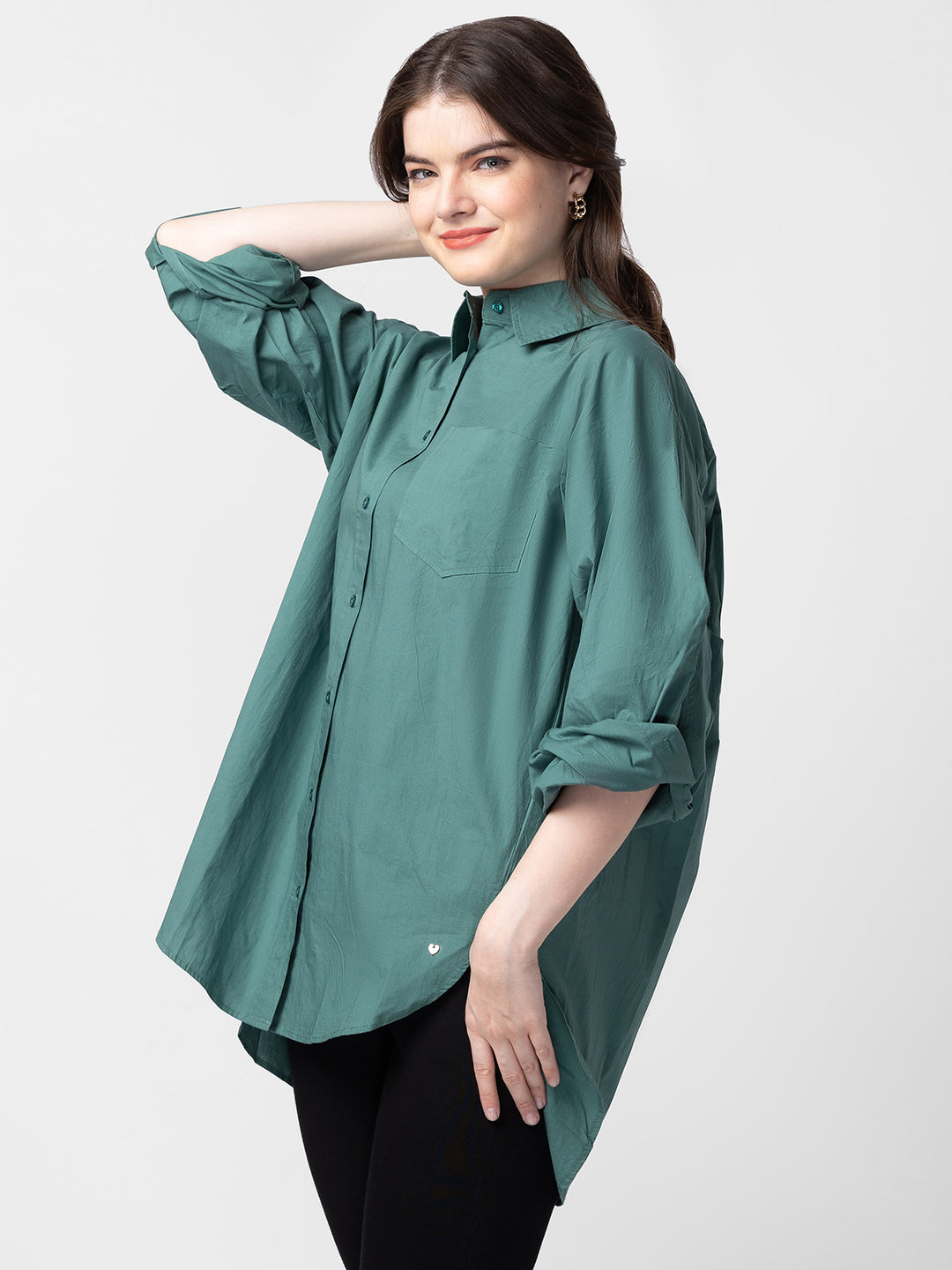 Spykar Women Deep Green Cotton Regular Fit Plain Asymmetric Shirt