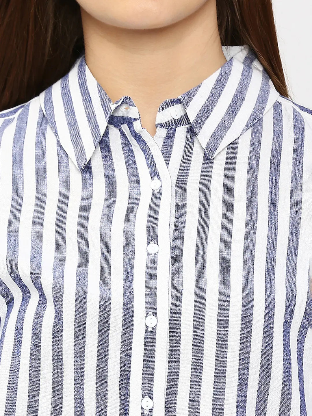 Spykar Women Blue Cotton Regular Fit Striped Shirts