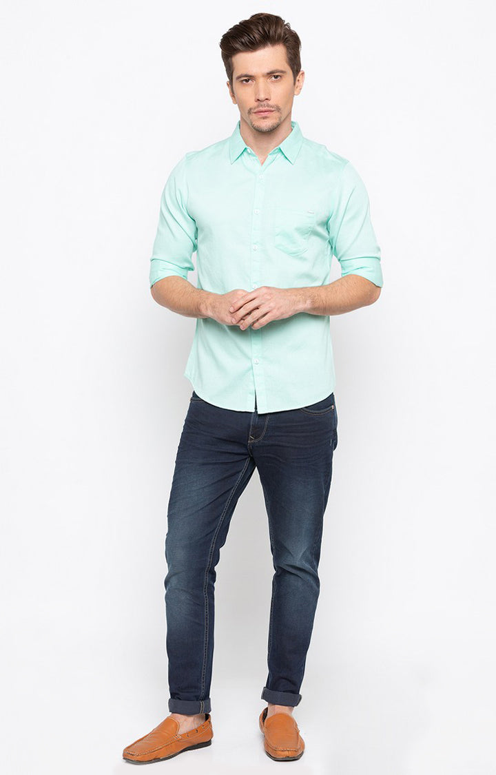 Spykar Men'S Green Cotton Solid Casual Shirts