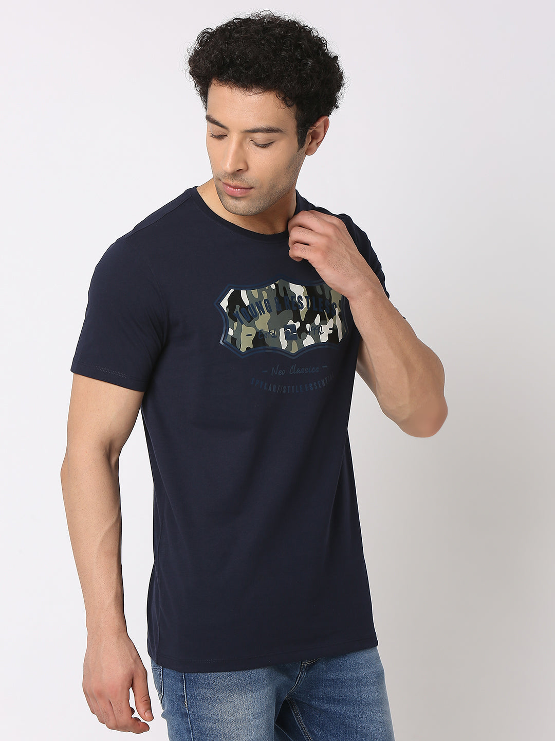 Spykar Men Navy Blue Cotton Slim Fit Round Neck Printed T-Shirt