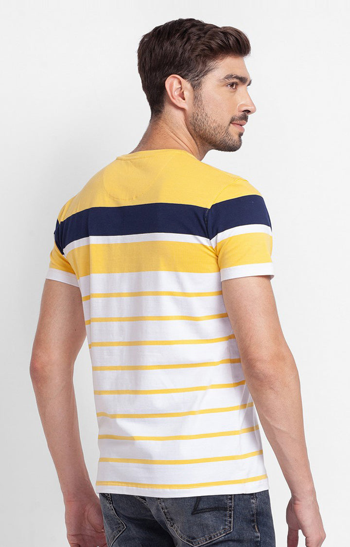 Spykar Sulphur Yellow Cotton Half Sleeve Stripes Casual T-shirt For Men
