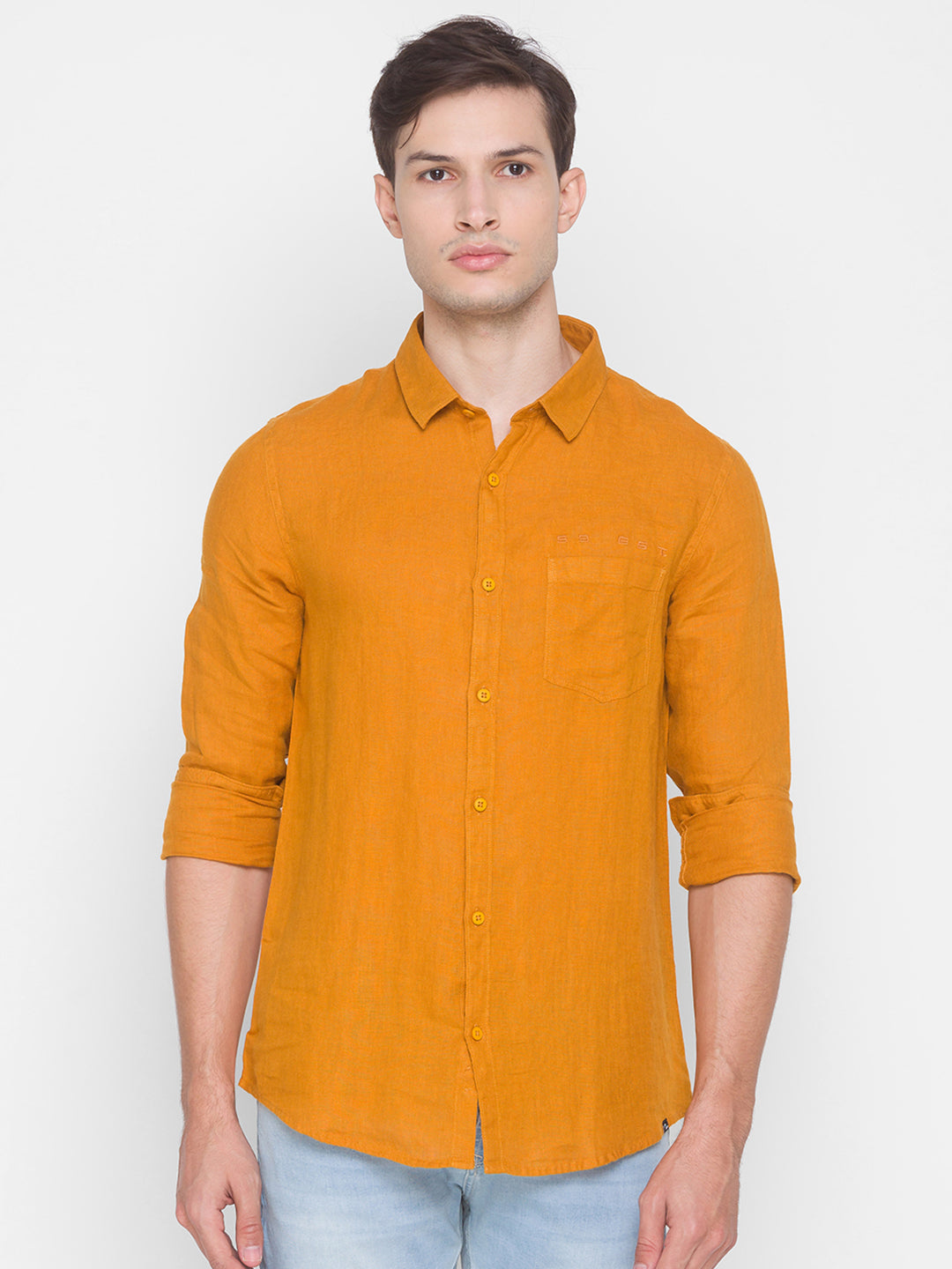 Spykar Slim Fit Yellow Cotton Men Shirt