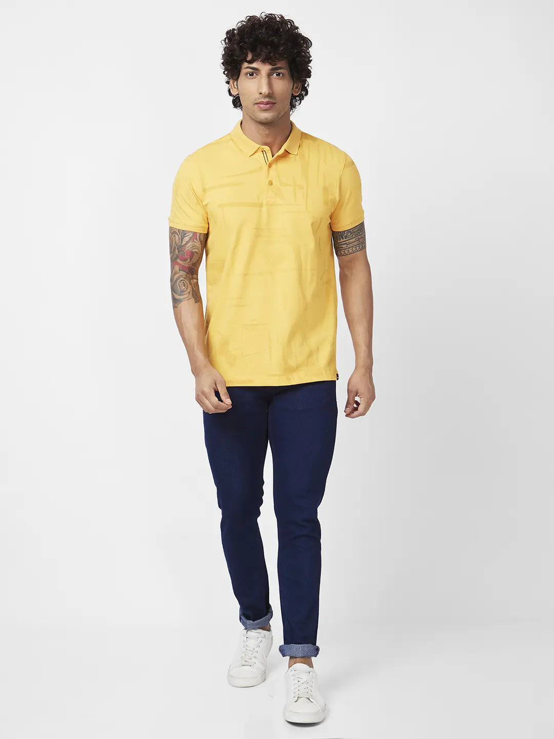 Spykar Men Amber Yellow Blended Slim Fit Half Sleeve Polo Neck Plain Tshirt