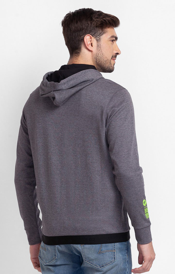 Spykar Anthra Melange Cotton Full Sleeve Hooded Sweatshirt For Men