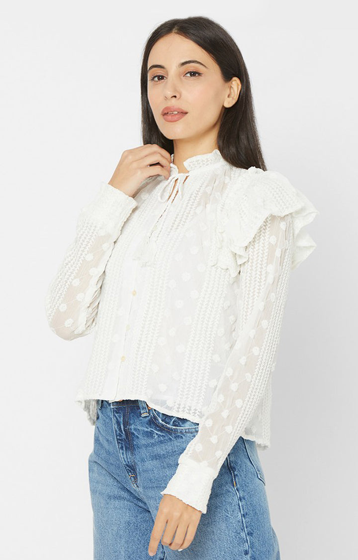 Spykar White Chiffon Casual Shirts (Regular)