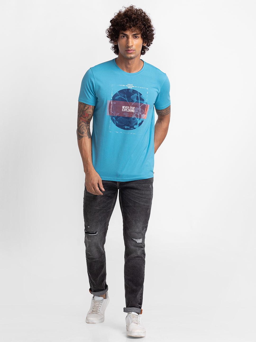 Spykar Haze Blue Cotton Half Sleeve Printed Casual T-Shirt For Men