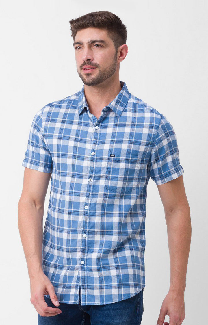 Spykar Sulphur Grey Cotton Half Sleeve Checks Shirt For Men