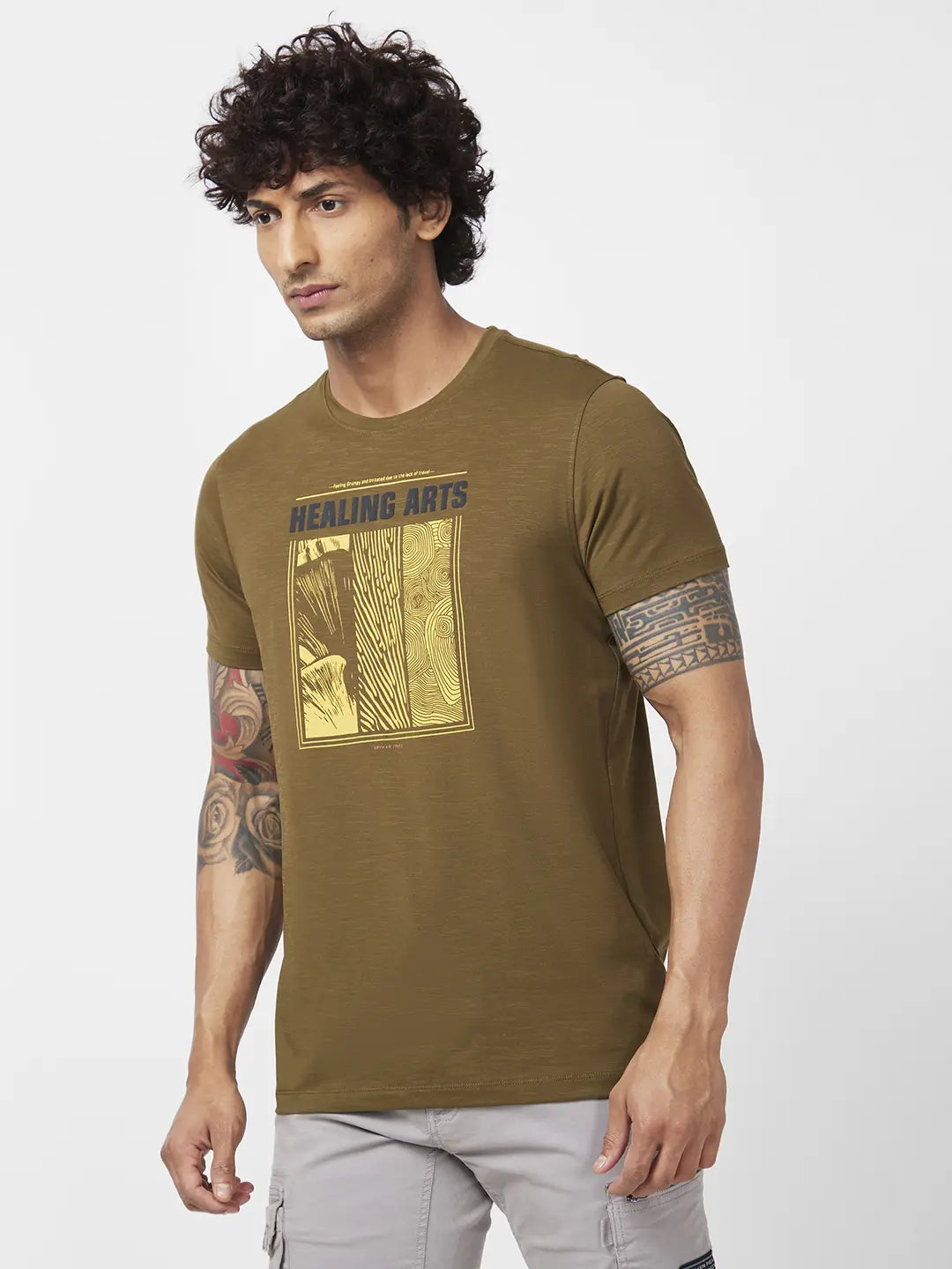 Spykar Men Military Green Blended Slim Fit Half Sleeve Round Neck Printed Tshirt