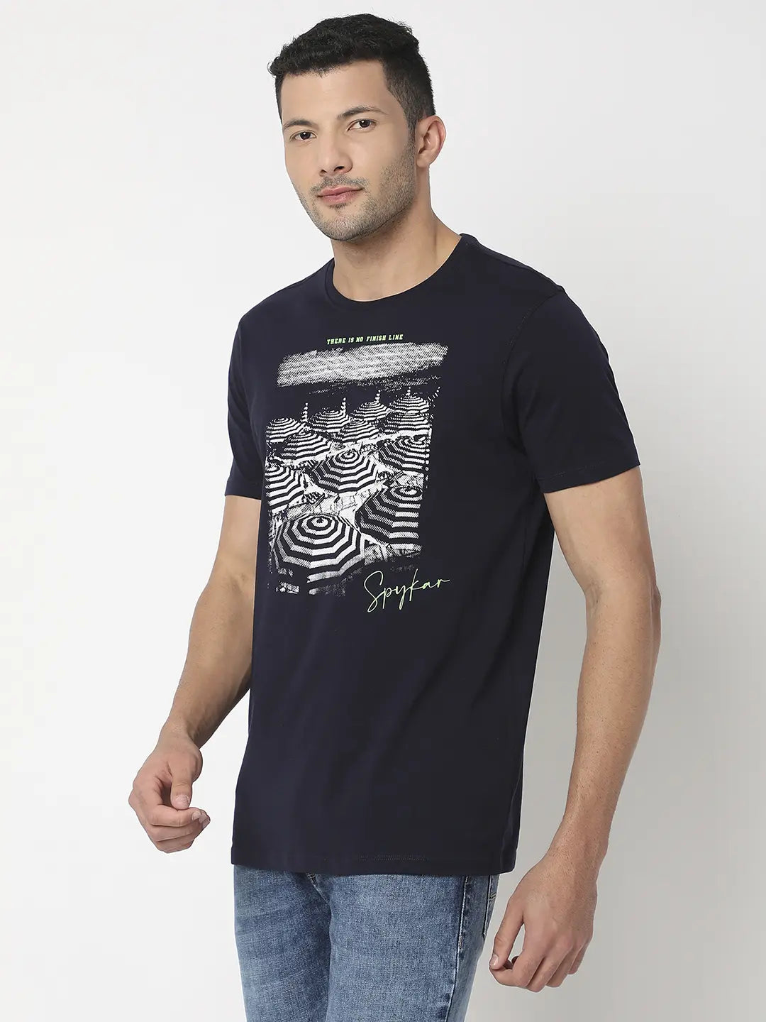 Spykar Men Navy Blue Cotton Regular Fit Printed Round Neck Tshirt