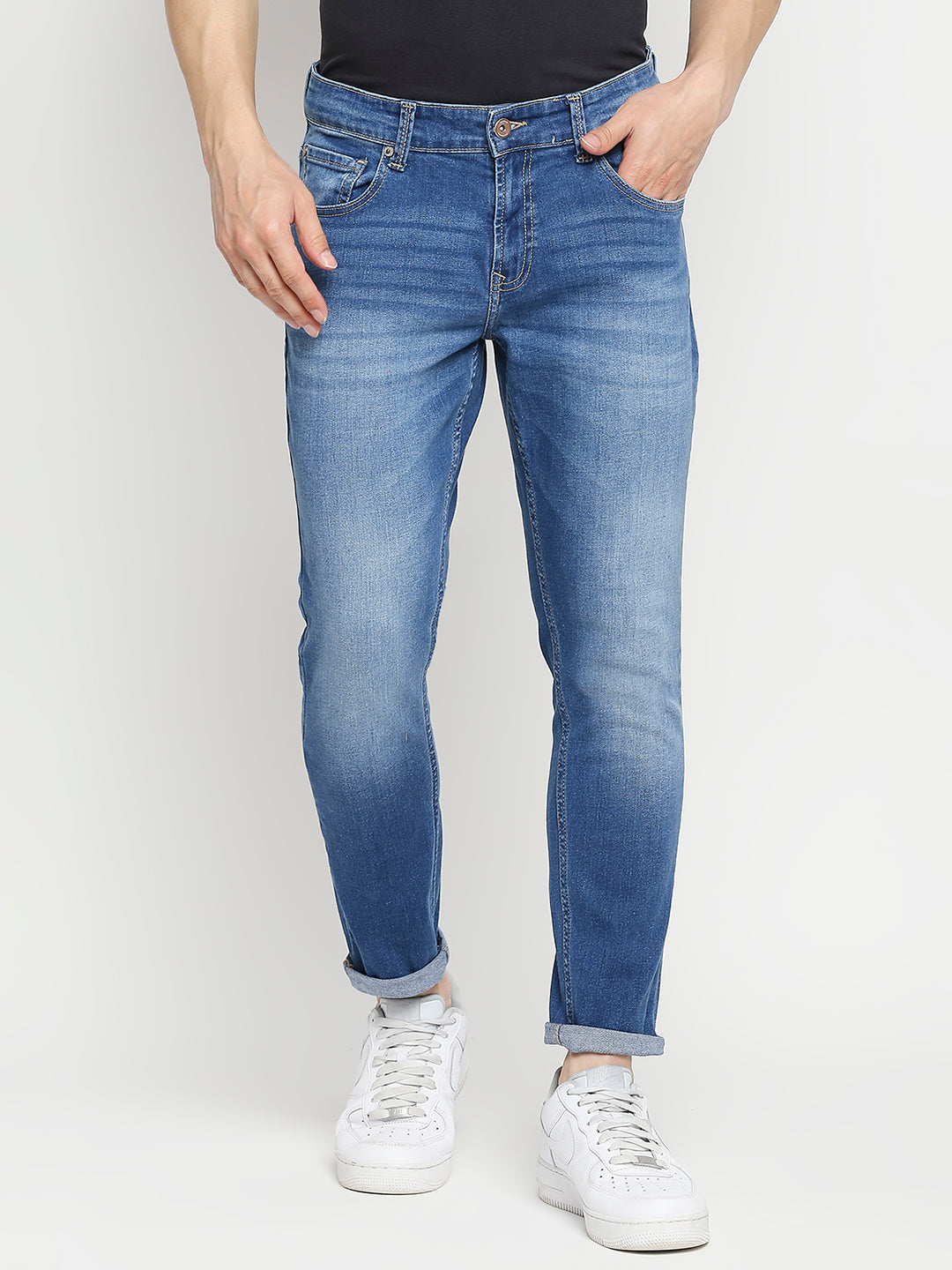 Spykar Men Mid Blue Cotton Slim Fit Tapered Length Jeans (Kano)