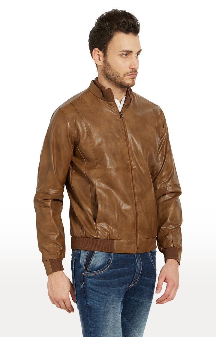 Spykar Men Tan Solid Regular Fit Leather Jacket