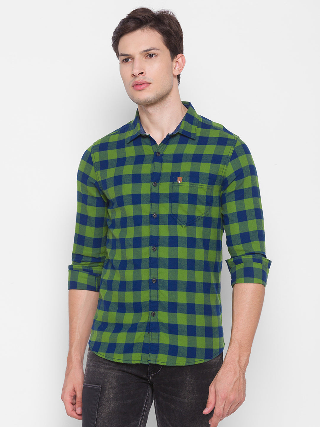 Spykar Slim Fit Green Cotton Men Shirt