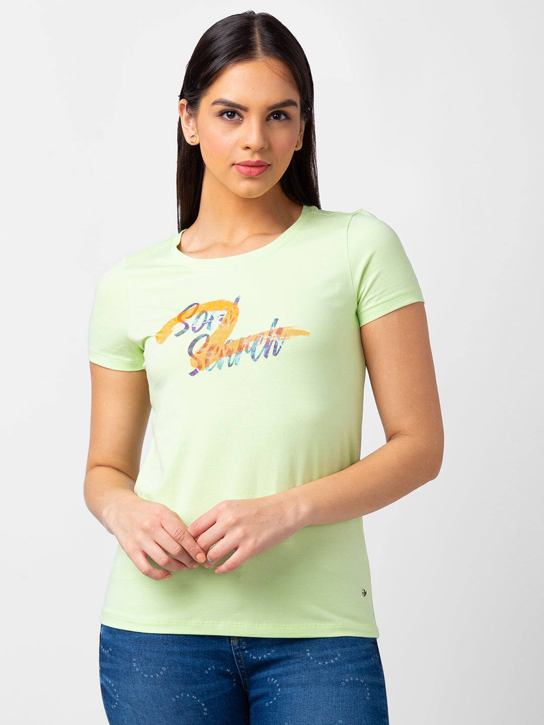 Spykar Women Mint Green Blended Regular Fit Half Sleeve Printed Tshirt