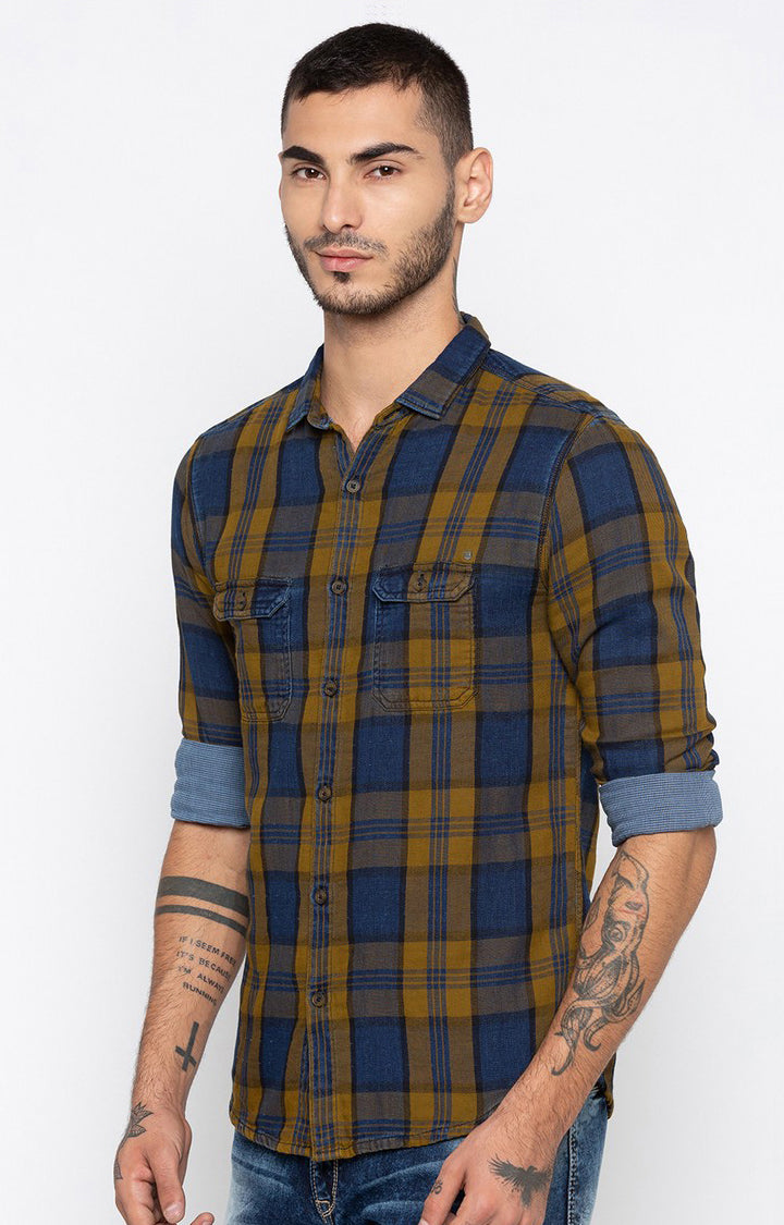 Spykar Men'S Blue Cotton Checked Casual Shirts