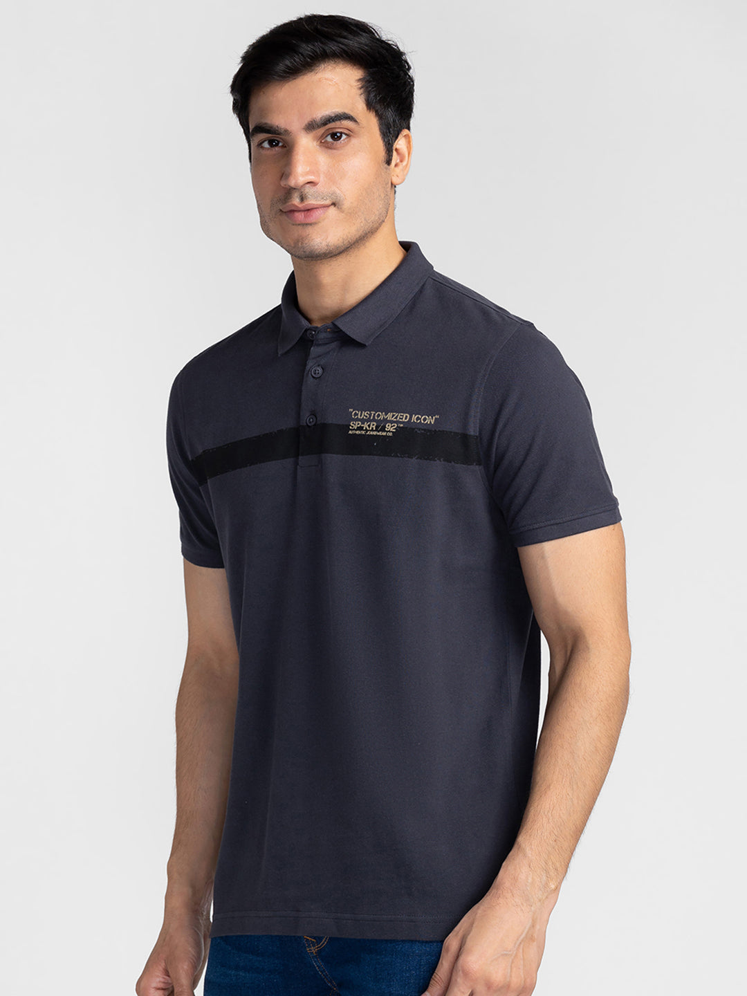 Spykar Men Slate Grey Cotton Slim Fit Polo Printed T-Shirt