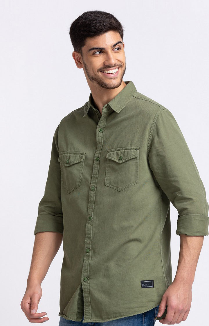 Spykar Men Olive Green Cotton Slim Fit Full Sleeve Plain Cargo Shirt