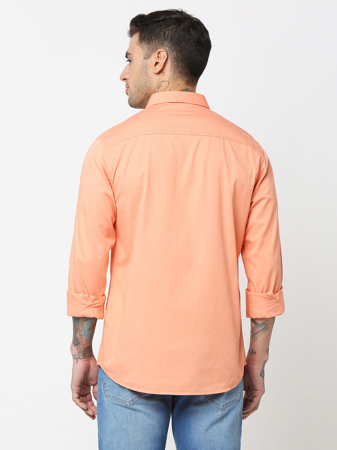 Spykar Men Peach Cotton Slim Fit Plain Shirts