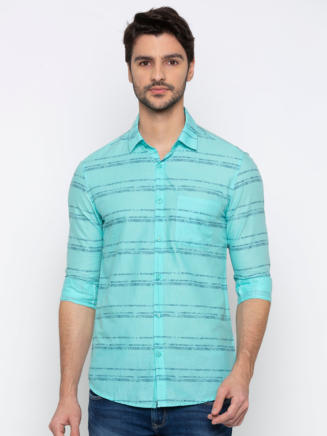 Spykar Men Aqua Green Cotton Slim Fit Shirt