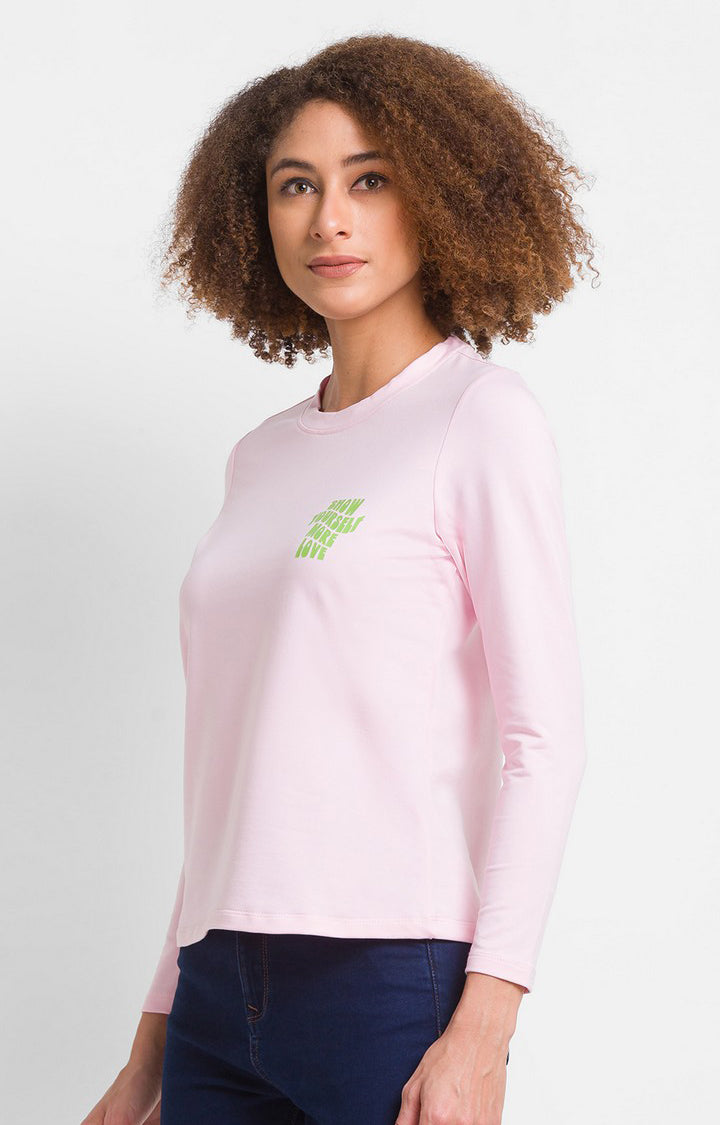 Spykar Pink Cotton Blend Full Sleeve Plain Casual T-Shirts For Women