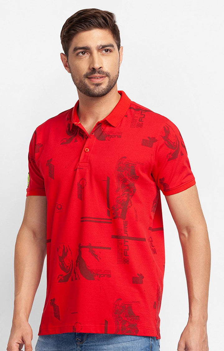 Spykar True Red Cotton Half Sleeve Printed Casual Polo T-shirt For Men