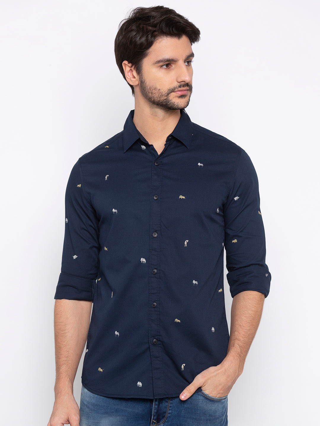 Spykar Men Navy Printed Slim Fit Casual Shirt