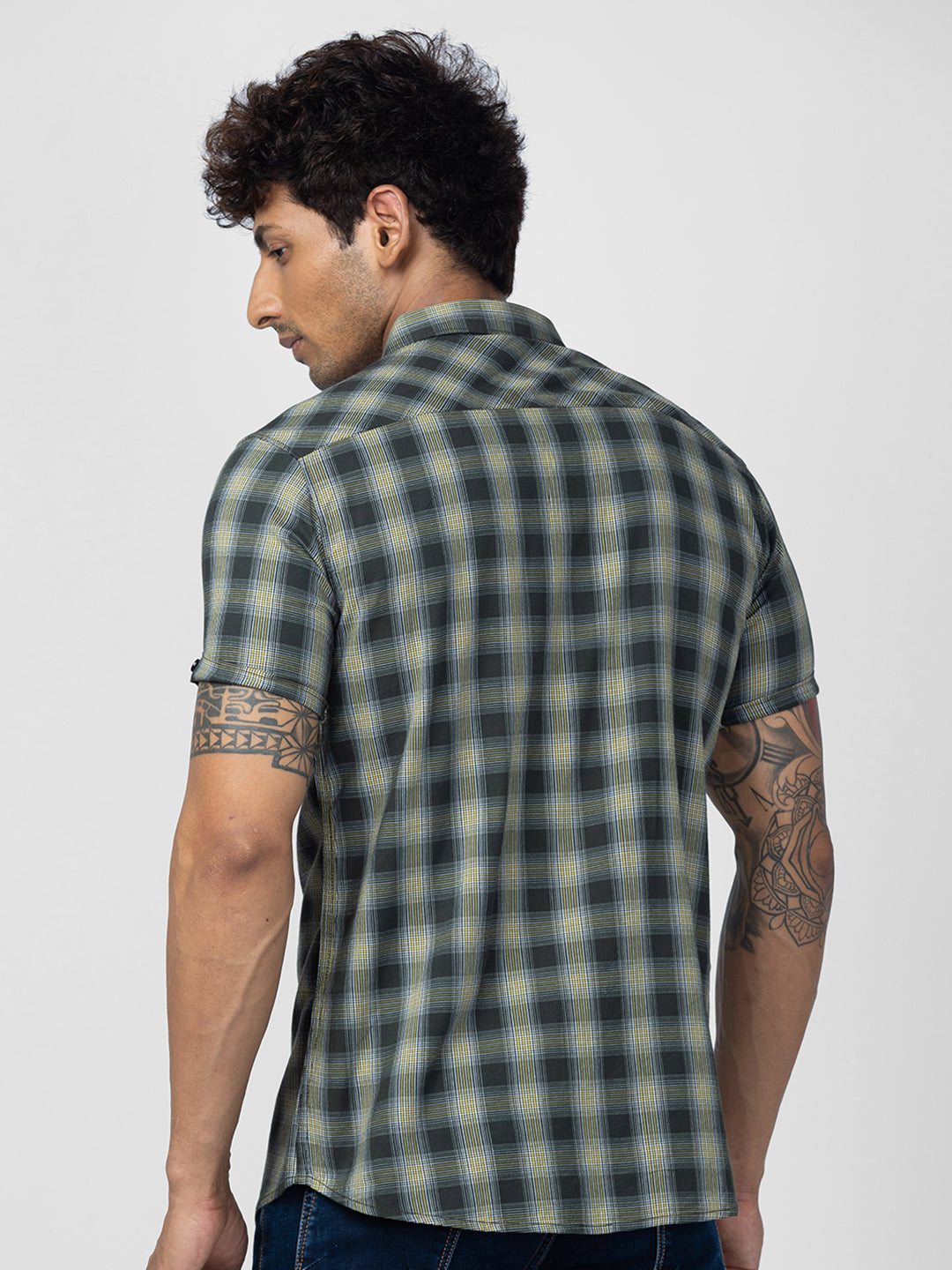 Spykar Men Bottle Green Cotton Slim Fit Checkered Shirt