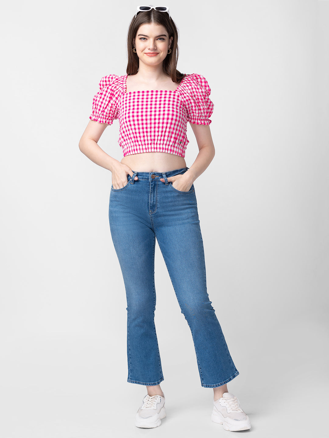 Spykar Women Fuschia Pink Cotton Checkered Crop Top