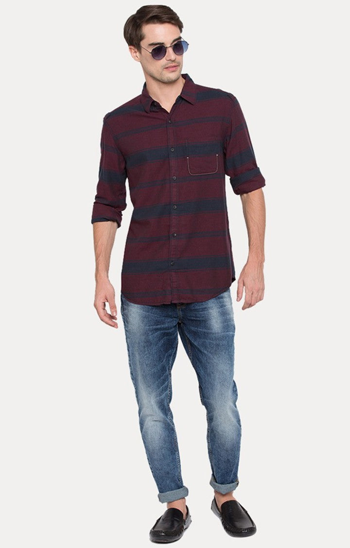 Spykar Men'S Red Cotton Striped Casual Shirts