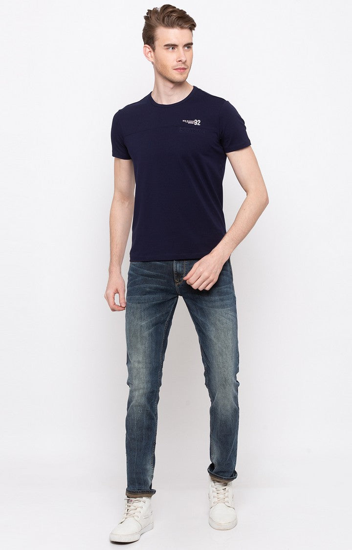 Spykar Navy Solid Slim Fit Men T-Shirts