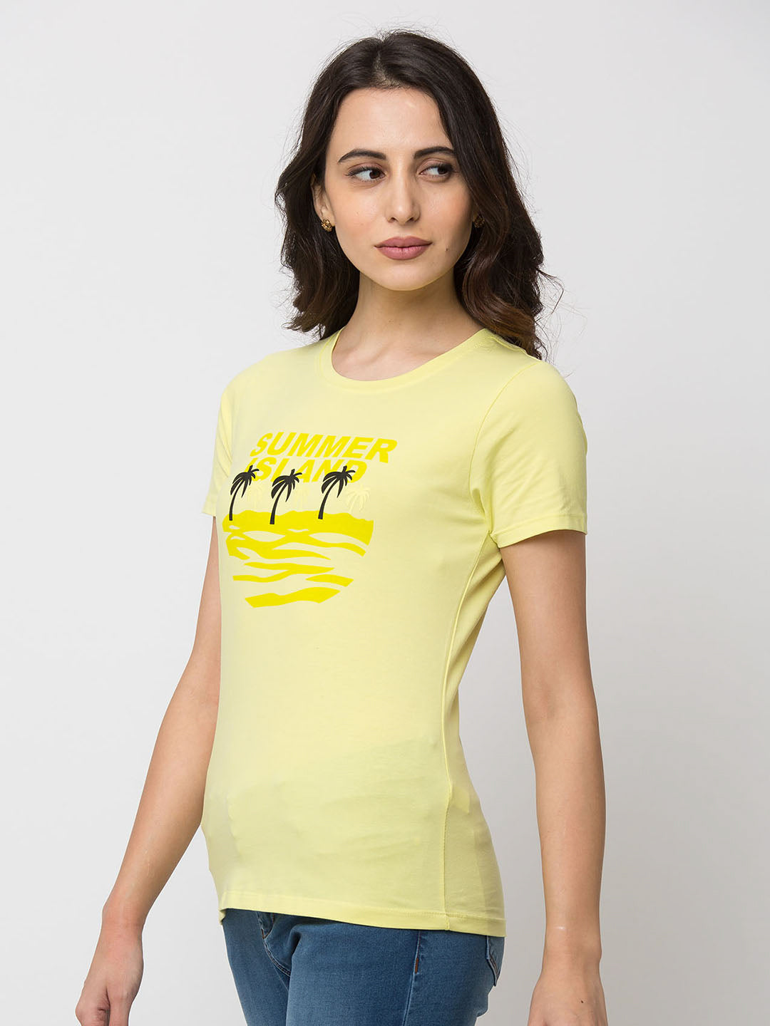 Spykar Women Yellow Lycra Regular Round Neck T-Shirt