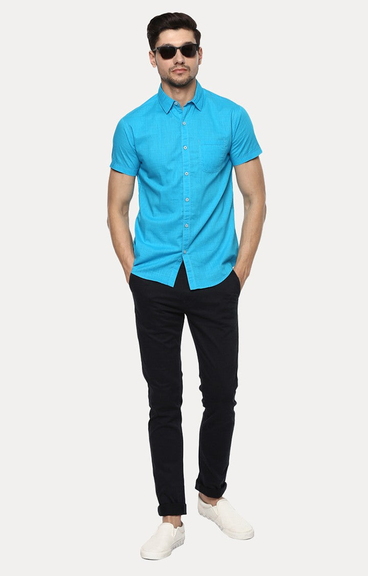 Spykar Men'S Blue Cotton Melange Casual Shirts