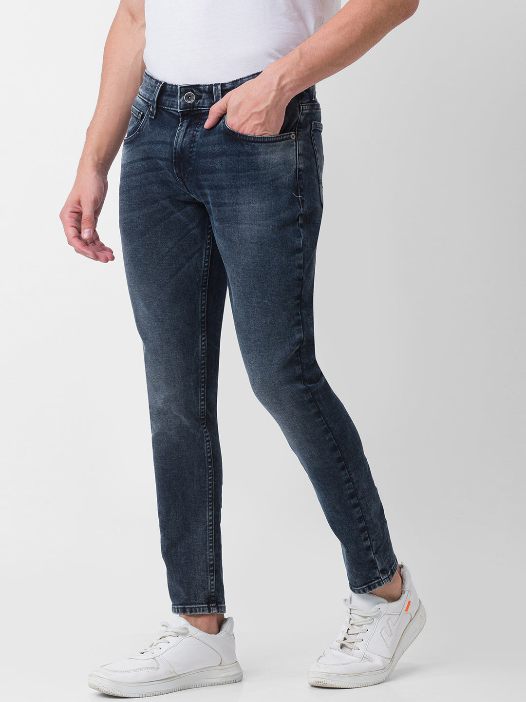 Spykar Black Indigo Cotton Slim Fit Tapered Length Jeans For Men