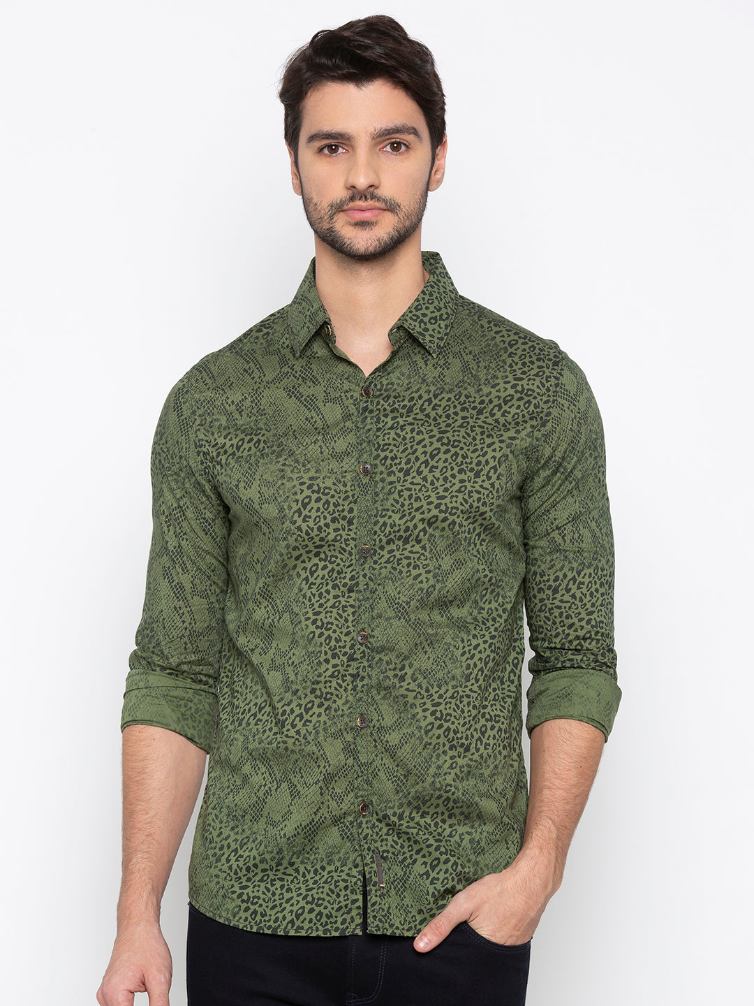 Spykar Men Olive Printed Slim Fit Casual Shirt