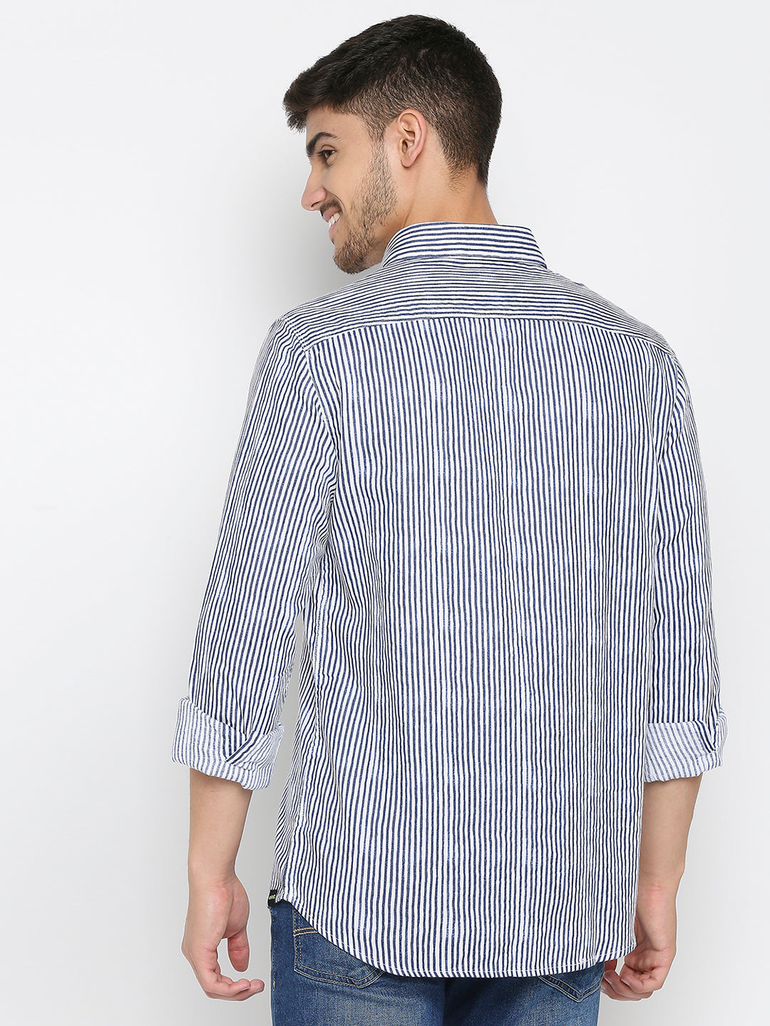 Spykar Indigo Blue Cotton Full Sleeve Stripes Shirt For Men