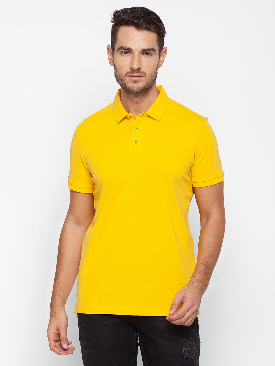 Spykar Men Yellow Cotton Slim Fit Polo T-Shirt