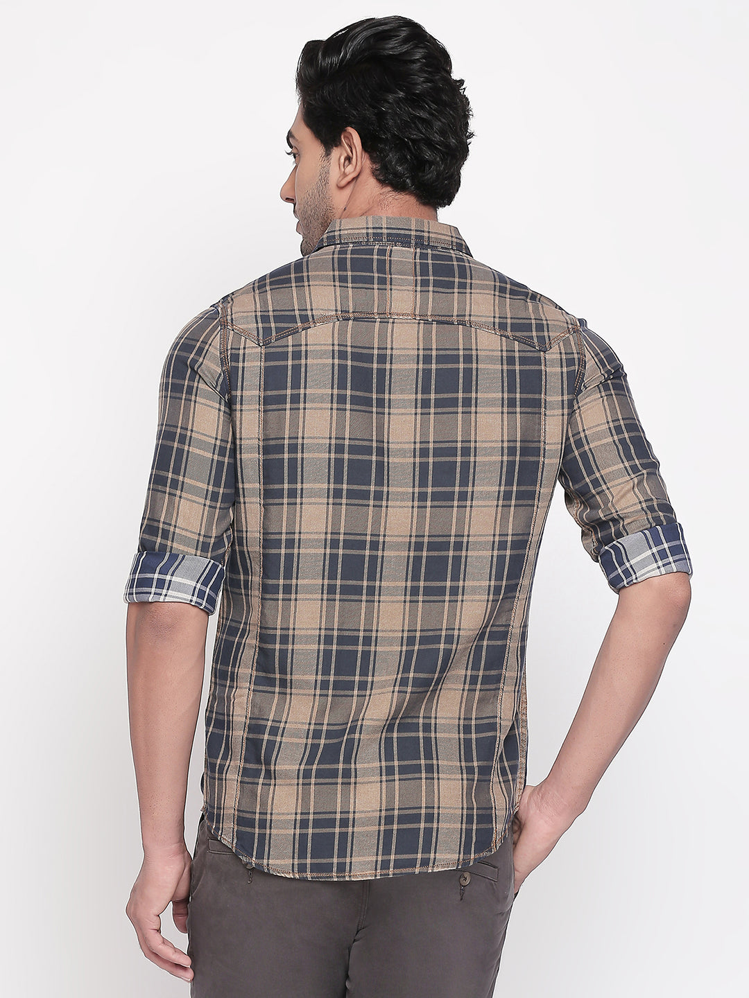 Spykar Men Khaki Checked Slim Fit Casual Shirt