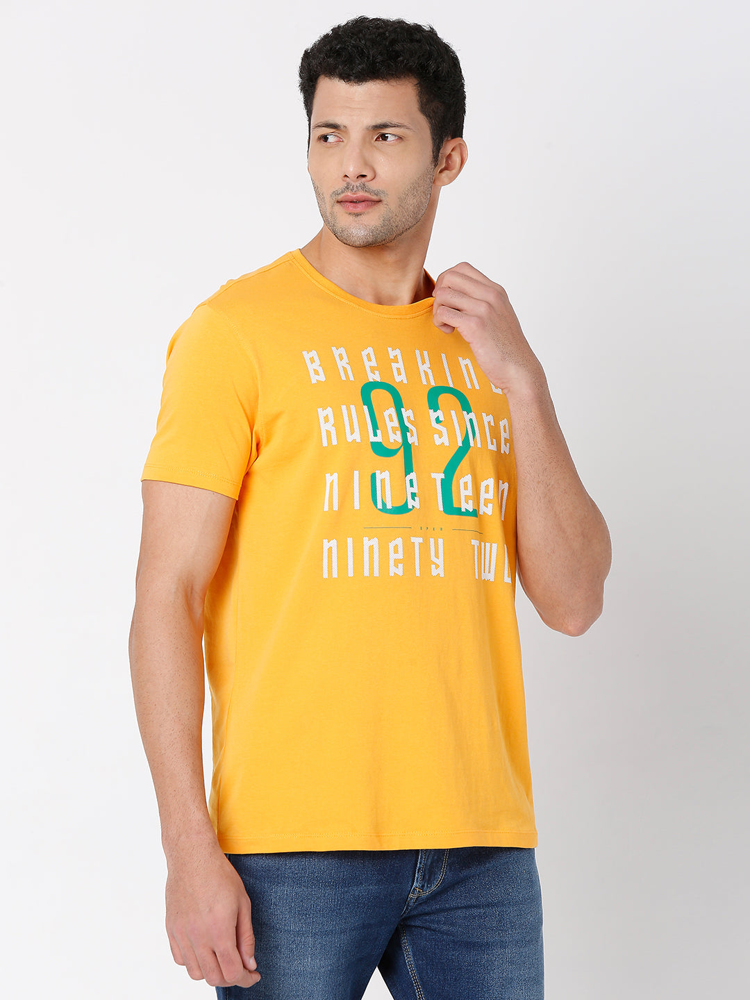 Spykar Gold Yellow Cotton Half Sleeve Printed Casual T-Shirt For Men
