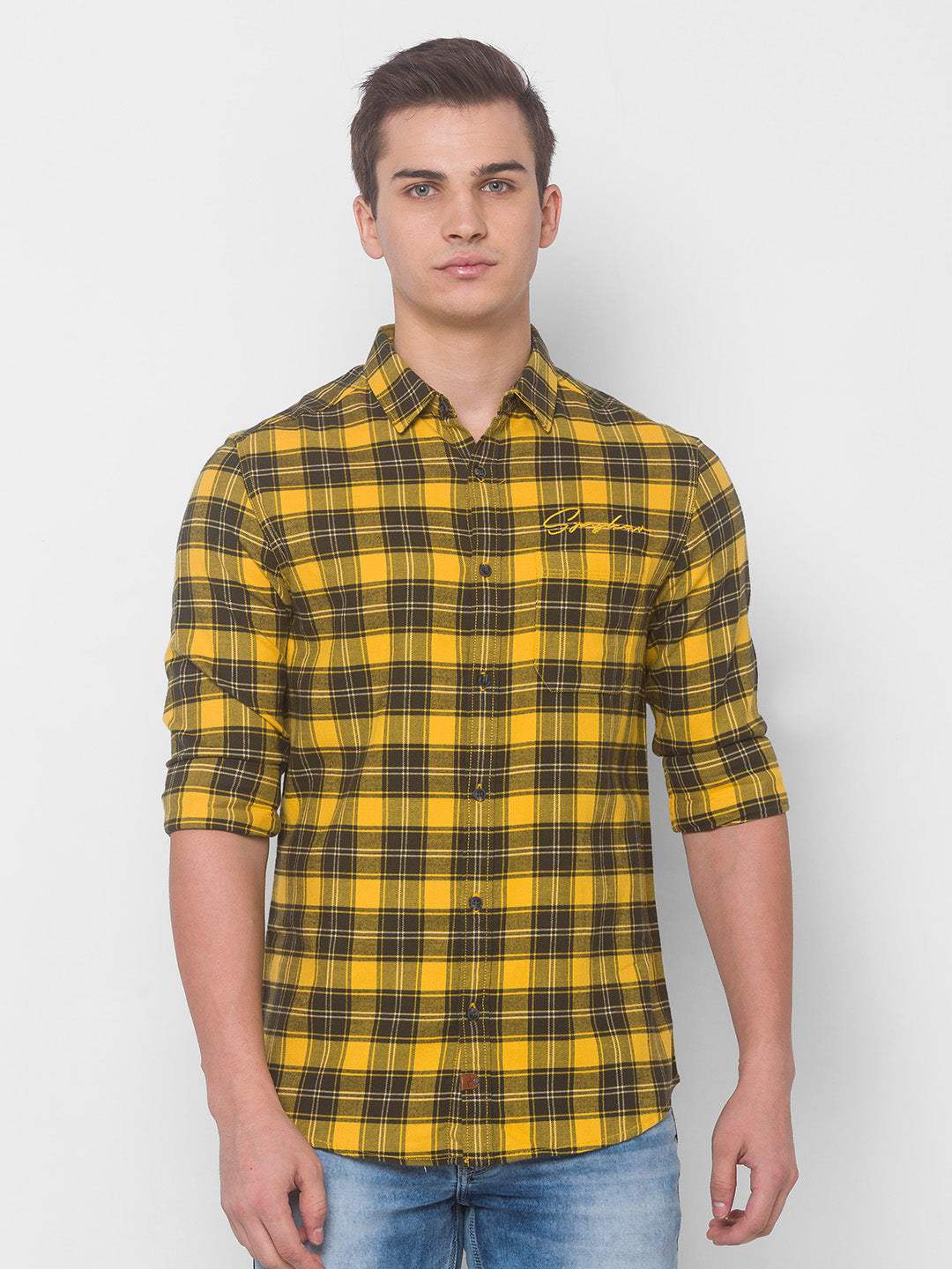 Spykar Men Yellow Cotton Slim Fit Shirt