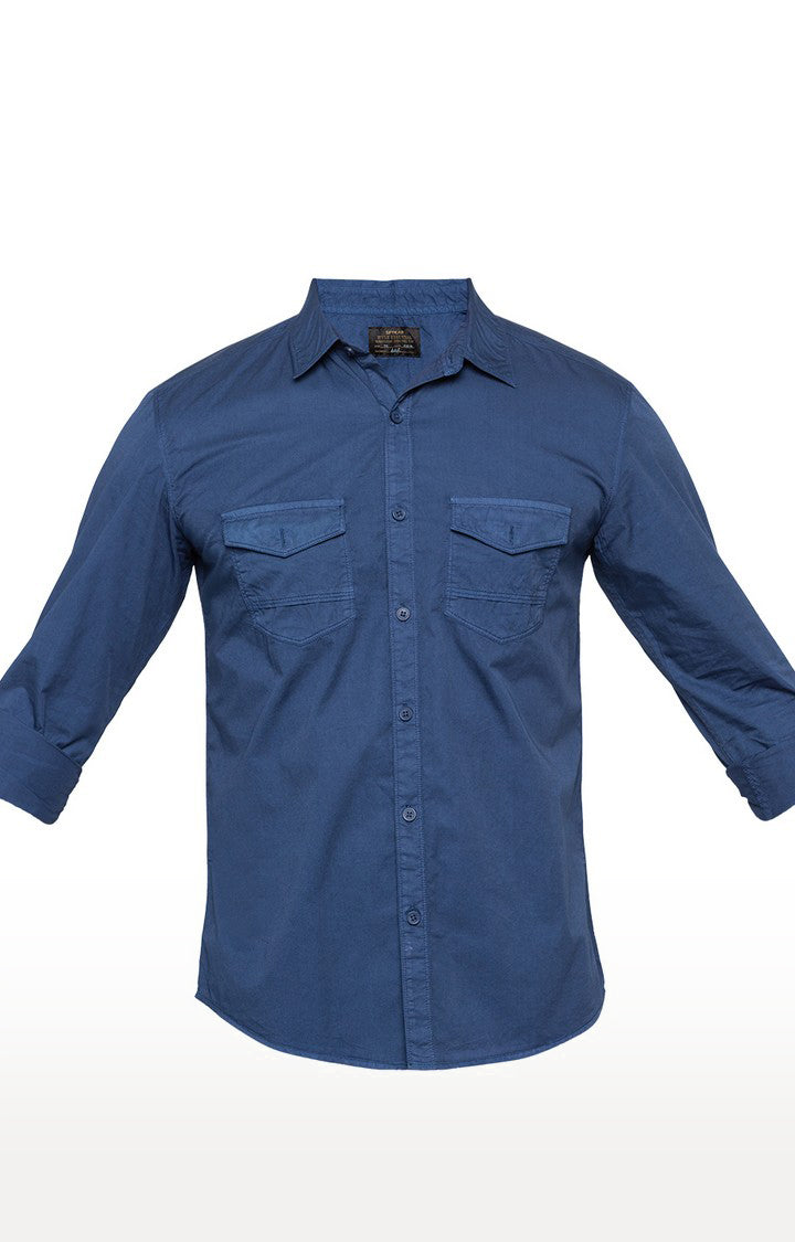 Spykar Men'S Blue Cotton Solid Casual Shirts