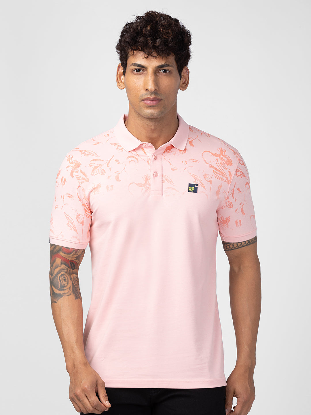 Spykar Men Peach Cotton Regular Fit Half Sleeve Printed Polo T-Shirt