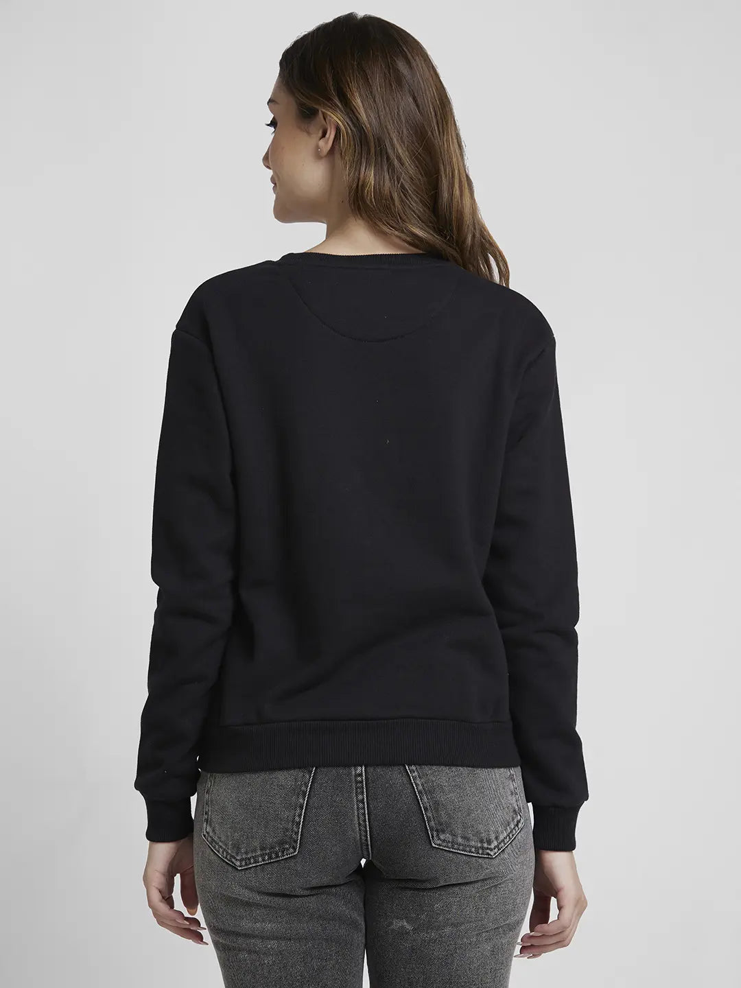 Spykar Women Black Blended Regular FIt Round Neck Printed Sweatshirt