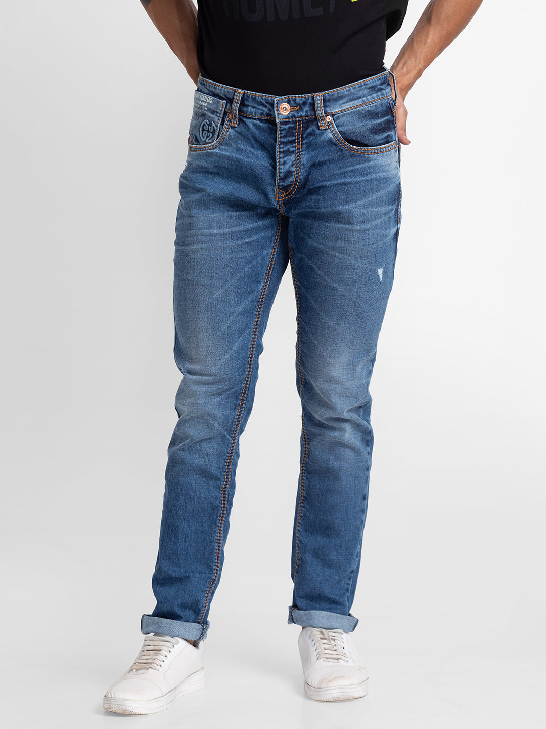 Spykar Vintage Blue Cotton Comfort Fit Narrow Length Jeans For Men (Trooper)