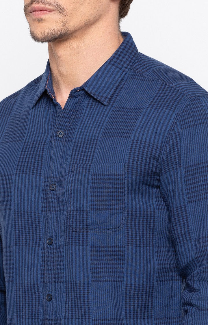 Spykar Men'S Blue Cotton Checked Casual Shirts