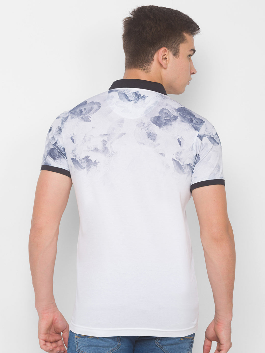 Spykar Men Grey Cotton Slim Fit Floral Polo T-Shirt