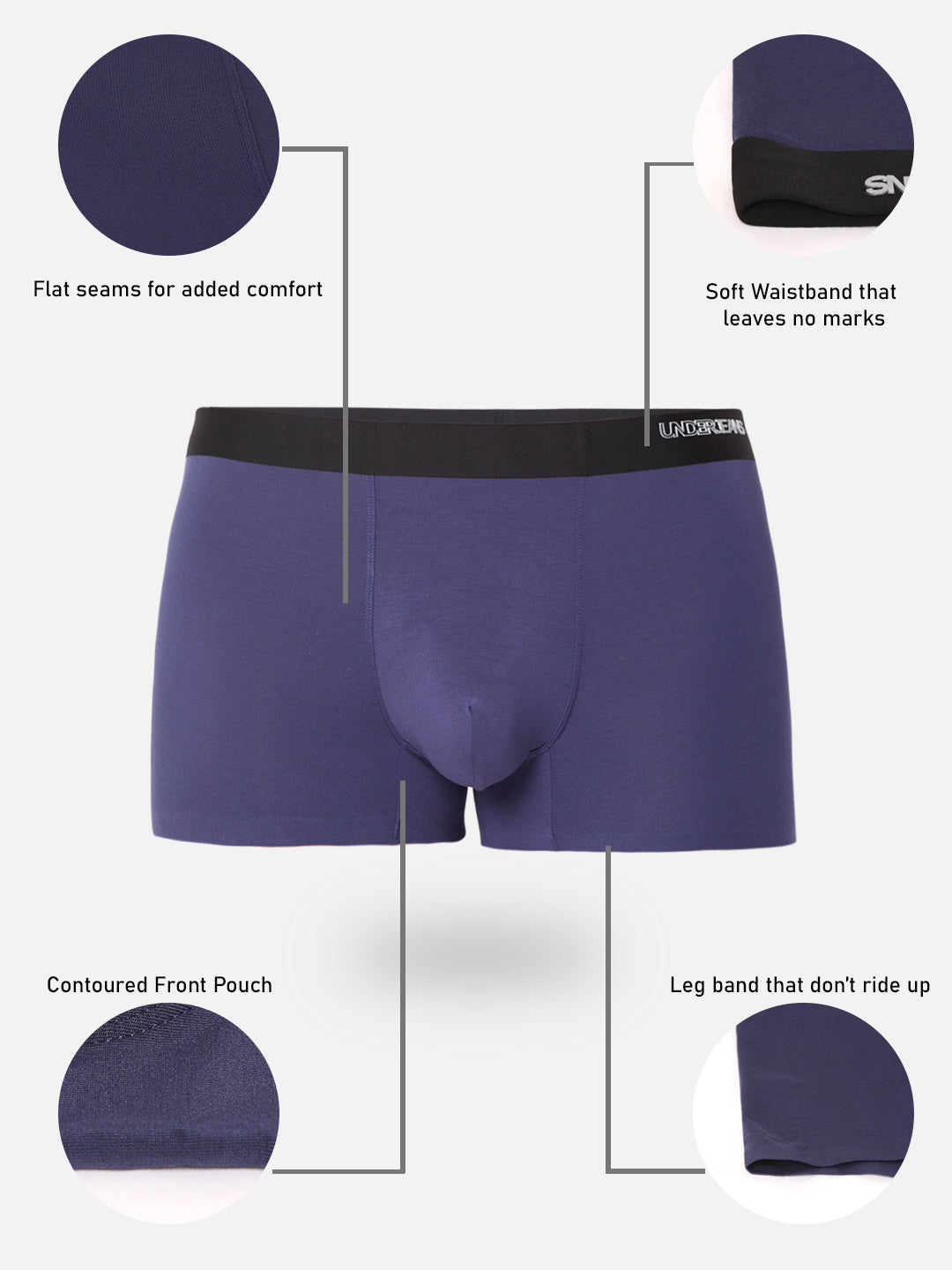 Men Navy Solid Super Premium Bonded Elastic Trunk - Underjeans By Spykar