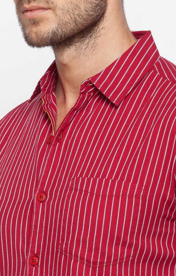 Spykar Men Red Cotton Slim Fit Half Sleeve Striped Shirt